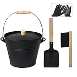 BRIAN & DANY Ascheeimer mit Deckel, Runder Kohleeimer für Kamine, 5L Eimer mit Schaufel und Handbesen, Werkzeugset Zubehör für Kamin, Feuerstelle, Holzofen