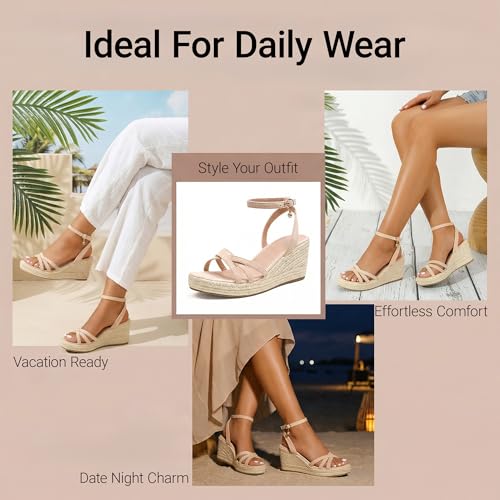 Image of Dressy Open Toe Sandals Platform Wedge Sandals with Cushioned Insole and Ankle Strap Buckle,Strappy Espadrille Wedge Sandals for Women Comfortable Summer