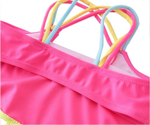 M2C Girls Pompom Tassel Two Piece Bikini Set Triple Cross Strap Crop Swimsuits Rose 5-6 #TOP6