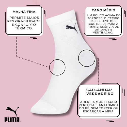 PUMA Kit 6 Pares Meia Malha Fina Respiravel Academia Esportiva Cano Médio Feminina Adulto, 2 Brancos