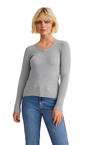 C&A Damen Pullover V-Ausschnitt Viskose Unifarben grau M