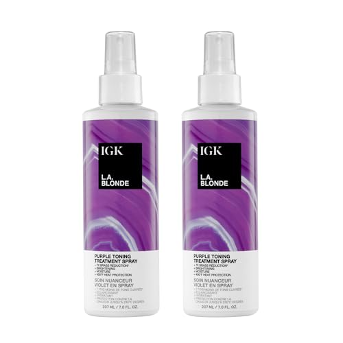 IGK L.A. Blonde Purple Toning Treatment Spray 2 pack – Leave-In Violet Spray That Neutralizes Brass, Brightens Blonde, Hydrates & Provides 450°F Heat Protection – Vegan & Color-Safe