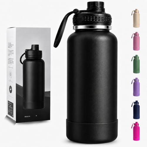 Garrafa Térmica Agua 1000ML - Design Sofisticado, Bebida Gelada 24horas, Duplamente Isolada, Protetor De Base, Resistente a Quedas Aço Inox 304 (Preto Wide)