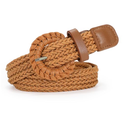 Image of VONMELLI Braided Belt for Women, Rattan Woven Waist Belt for Summer Fashion Dress Jeans Pants Thin Waist Belt Brown Up to 43 Inches