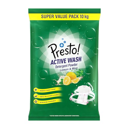 Amazon Brand - Presto! Active Wash Detergent Powder | 10 Kg | Lemon and Mint | Tough On Stains | Gentle On Fabrics