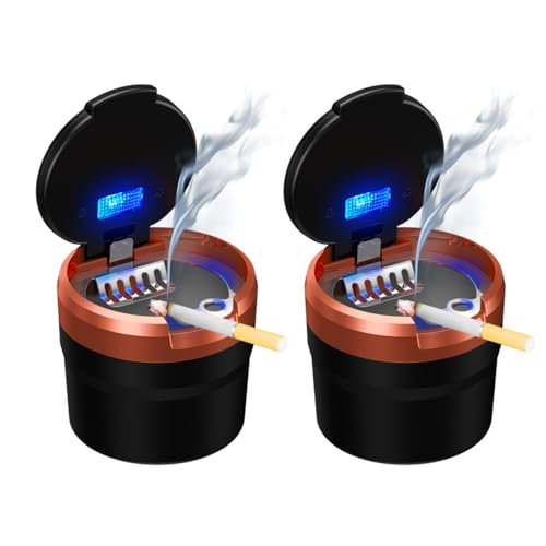 Geoyien Car Ashtray, Portable Travel Auto Car Ashtray, Easy Clean Up Detachable Car Ashtray with LED Light with Flip Lid, Self Extinguishing Ash Tray for Cars Van Outdoors Camping (Orange + Black)