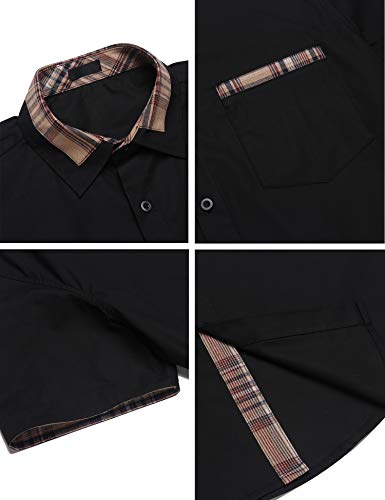 Coofandy Men's Casual Cotton Short Sleeve Dress Shirt Plaid Collar Button Down Shirt Black #TOP4