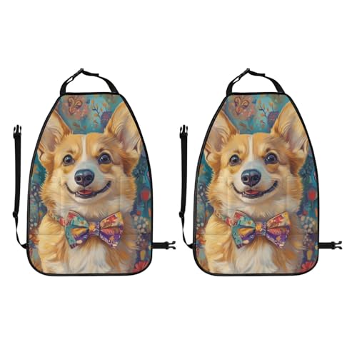 Protectores de asiento elegantes color beige con pajarita de Corgi para coche, pack de 2 3