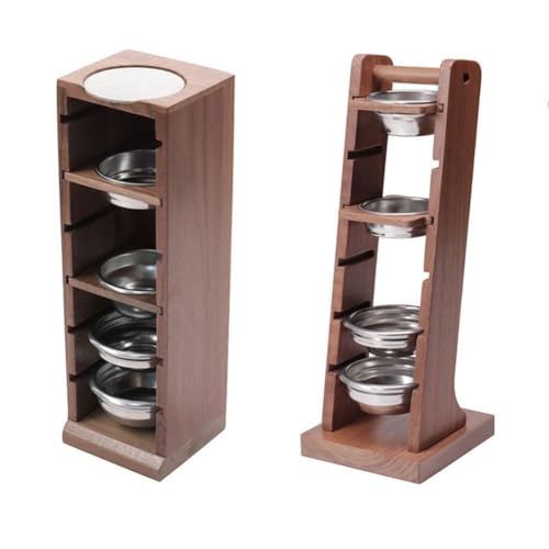 Lawnoval Soporte para cesta de filtro de café espresso de madera de cerezo con 6 ranuras para portafiltros de 51 mm, 53 mm, 58 mm, organizador de encimera para barista en casa