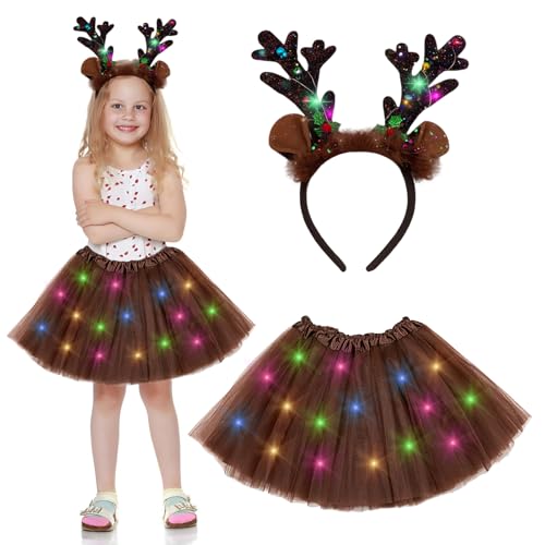 JIASHA Costume da Renna Bambina Set,Vestito Renna Bambina,Luminoso Costume Renna Bambina, Costume Renna Bambino,Vestiti Natale Bambina,Costume Cosplay da Renna,per Carnevale, Natale,Cosplay