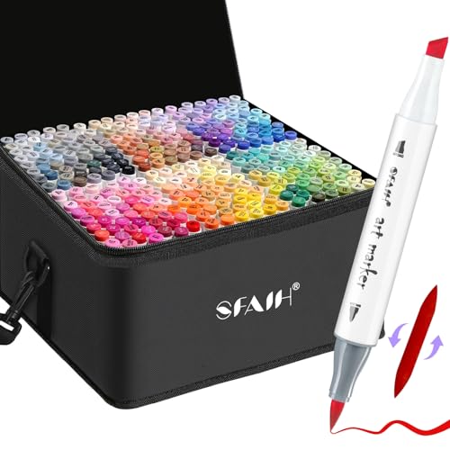 SFAIH Alcohol Markers Brush & Chisel Tip 321 Set - Dual Tip Professional Artist Markers for Adult Coloring Books, Illustration, Manga, Animation, Architecture Sketching - Refillable Ink