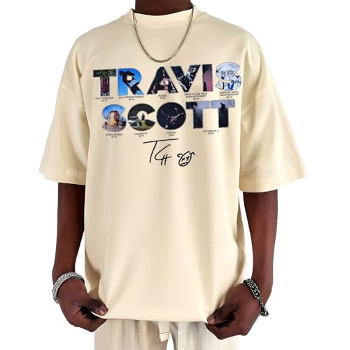 Graphic Tee Unisex Novelty-T-Shirts, Travis Scott Album Collage Print, Oversized Hip-Hop for Music Fans Beige M
