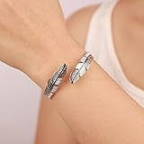 Kercisbeauty Carved Feather Bracelet Stainless Steel Open Cuff Bangle for Women Girls Daily Jewelry Adjustable (Silver)