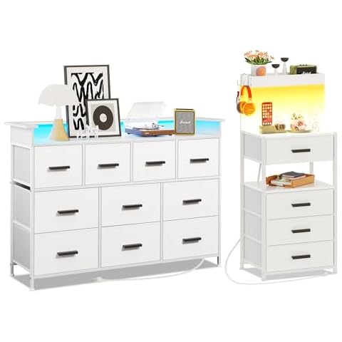 NASHZEN 10 Drawer TV Stand and 4 Drawer Nightstand with LED Lights and Power Outlets Cover