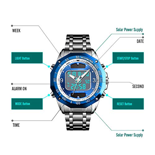 VIGOROSO Men's Solar Powered Quartz Stainless Steel Analog Digital Wrist Watch for Men