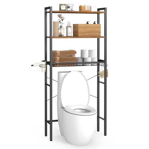 El Mejor Listado de Organización del baño Top 5. 49 VASAGLE Organizador de Baño, Estantes Ajustables, con Cesta, Soporte para Secador de Pelo, 3 Ganchos, Ahorro de Espacio, Marrón Rústico MBTS113KD01