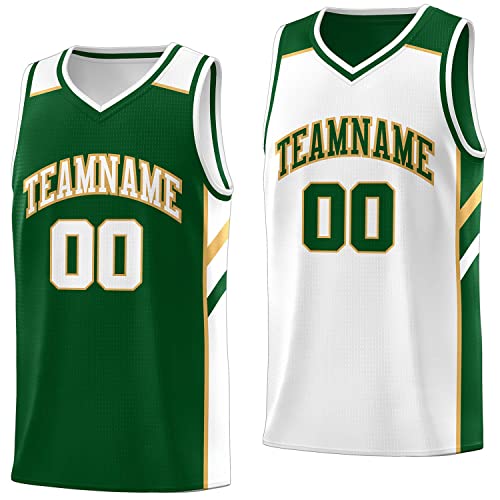 Camiseta de basquete reversível personalizada - Personalize o design do uniforme do time seu próprio nome e número para homens/jovens, Verde grama-branco-06, Tamanho Único