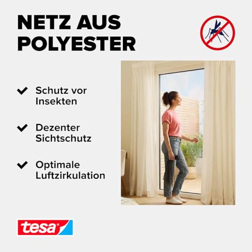tesa Insect Stop Comfort Fliegengitter für bodentiefe Fenster - Insektenschutz selbstklebend - Fliegen Netz ohne Bohren - 120 cm x 240 cm - Weiß (Leichter Sichtschutz)