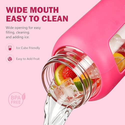 Image of 24 oz Glass Water Bottle with Straw - 2 Lids (Bamboo & Spout Lid), Motivational Borosilicate Glass Daily Water Intake Bottle with Time Marker, Silicone Sleeve for Gym Home Office-Rose Red