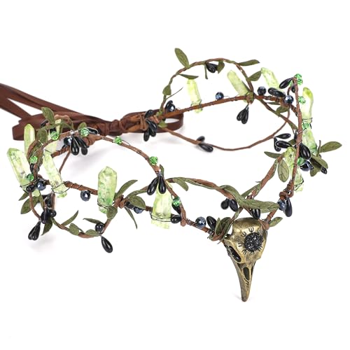 MOSTORY Raw Quartz Elf Crown - Green Fairy Headpiece with Crystals Gothic Floral Circlet Elven Crown for Witch Aesthetic Renaissance Accessory Women Renfaire Halloween Woodland Cosplay