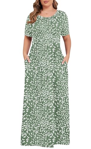 Image of KARALIN Women Plus Size Maxi Dress Short Sleeve Round Neck Loose Fit A-Line | Plus Size Long Dress,Summer Casual Maxi Dresses,Short Sleeve,Side Pockets,Round Neck,Elastic Waist,14 Plus - 26 Plus