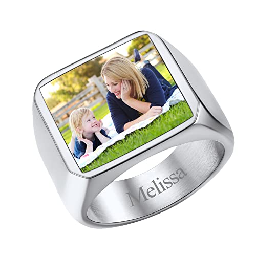 FindChic Customized Signet Photo Rings Square/Heart/Round Chunky Band Ring Stainless Steel/18K Gold Plated/Black Size 7 to 14 Personalized Jewelry for Men Women, Send Gift Box 01. square-no