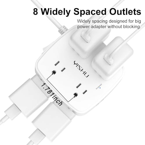 Image of YISHU 6 Ft Surge Protector Power Strip - 8 Widely Outlets with 4 USB Ports, 3 Side Outlet Extender with 6 Feet Extension Cord, Flat Plug, Wall Mount, Desk USB Charging Station, ETL, White