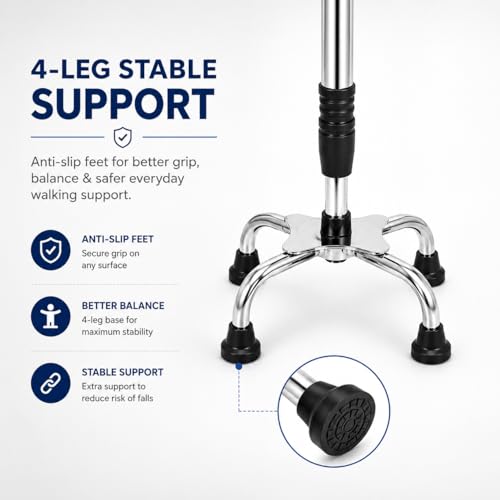 Image of PulGos 4-Leg Walking Stick for Men & Women | ๐๐๐ฃ๐ฎ๐ฌ๐ญ๐๐๐ฅ๐ Height Walking Cane with Anti-Slip Base | Strong Mild Steel Support Stick with Comfortable Grip | Lightweight & Stable for Daily Use