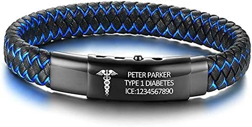 VNOX Custom Personalized Medical Alert Wide Genuine Leather ID Tag Adjustable Wristband Bracelet for Men,6.7"-8.7"