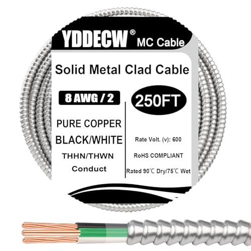 Image of 200ft 8 /2 Metal Clad (MC) Cable with Ground, 8 Gauge Electric Wire with Aluminum Armor, Solid Bare Copper Conductors for Indoor Outdoor Underground Embedded Installation (8 /2, 200 ft)
