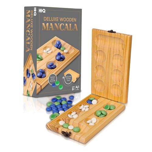Hi-Q Solid Wood Deluxe Mancala - Folding Board Game w Metal Latch and Glass Marbles- Portable...