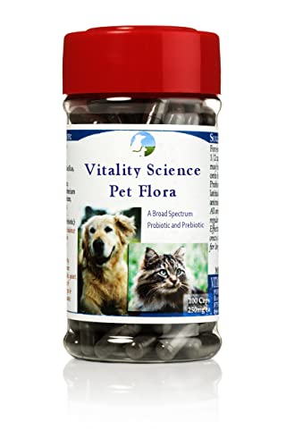 Vitality Science Pet Probiotic for Cats & Dogs | Pet Flora - Great for Diarrhea, Vomiting, Gas, Skin Conditions - Additive Free (100 Caps)