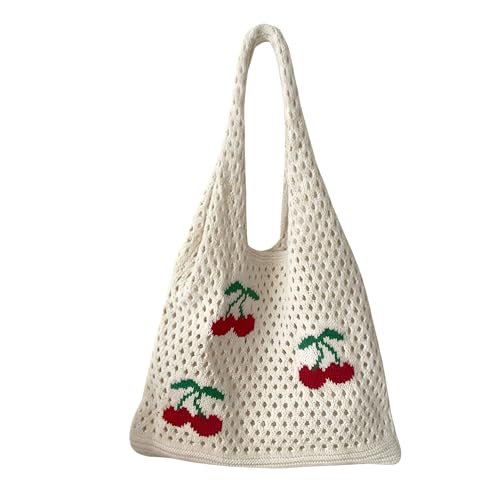 Image of CHERRY Pattern Crochet Tote Bag for Women - Beige Knit Shoulder Handbag, Lightweight Large Capacity Summer Beach Bag, Shopping, Travel & Daily Use Casual Tote