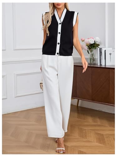 Image of MakeMeChic Women's Contrast Binding Sweater Vest V Neck Button Down Sleeveless Sweater Cardigan Knitwear Black and White X-Large