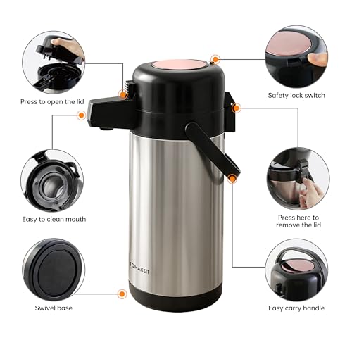 Image of TOMAKEIT Airpot Coffee Carafe for Keeping Hot,102oz /3L Coffee Dispenser Thermal with Pump,Insulated Stainless Steel Hot Beverage Dispenser for Parties,Thermal Carafe for Hot Drinks Water Tea Chocolate