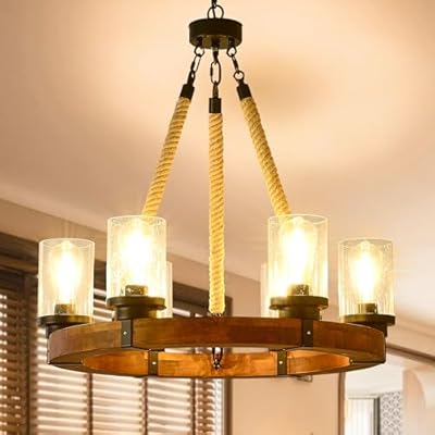 Wagon Wheel Chandelier, 6 Lights, 23 Inch with Faux Bubble Glass Shades, Round Wooden Farmhouse Chandelier, Hanging High Ceiling Fixture for Vintage Style Living Rooms, Dining Rooms, Coffee Houses