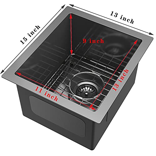 13X15 Inch Black Undermount Kitchen Bar Sink, 16 Gauge Black Stainless Steel Undermount Small Kitchen Sink Bar Sink Outdoor Sink With Drain Assembly And Grid,Curved R10, Sh101Sbg #TOP6