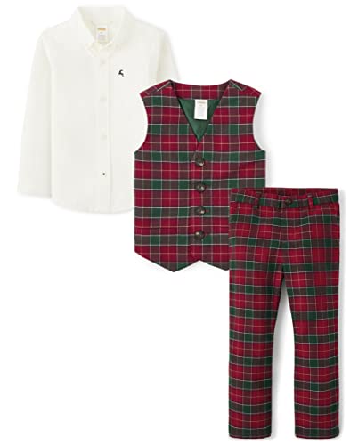 Gymboree Boys' Holiday Dressy 3 Piece, Matching Toddler Outfit, White/Red Tartan/Red, 4T #TOP26