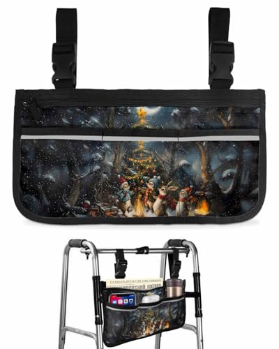Anzona Merry Christmas Wheelchair Side Bag Walker Bag, Winter Bunny Xmas Trees Bonfire Wheelchair Accessories Armrest Pouch, Organizer Storage Bag for Walkers, Rollators, Scooters, 7.3''x13''