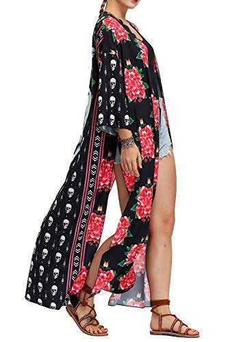 YULUOSHA Women's Boho Floral Long Kimono Cardigans Top Casual Loose Maxi Open Front Plus Size Beach Swimsuit Cover Up3