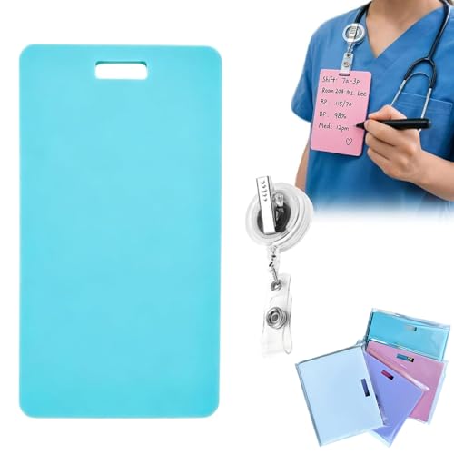 Erasable Badge Note, Silicone Erasable Notepad Badge Set, Nurse Pocket Notebook, Ballpoint Pen Write & Alcohol Wipeable Notepad, Lightweight Badges Reel Notepads for Nurses Doctor (Blue, Vertical)