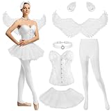 Mepase 6 Pcs Swan Costume for Women Bustier Corset Top Tutu Skirt Wings Pearl Choker Hair Clip Pantyhose(White,XL)