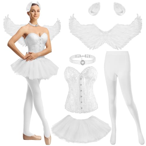 Mepase 6 Pcs Swan Costume for Women Bustier Corset Top Tutu Skirt Wings Pearl Choker Hair Clip Pantyhose(White,XL)