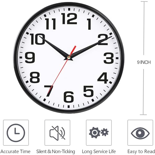 Rulart Wall Clock Battery Operated Bedroom - Modern Kitchen Small Silent Analog Round Simple Quiet Quartz Black Wall Clocks Non Ticking Bathroom Office Garage School