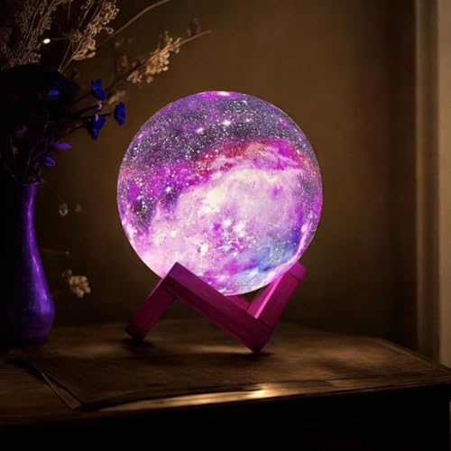 Image of CRAE 3D Galaxy Moon Lamp Decor, Night Light with Wooden Stand | Touch Control LED Moon | Cool Decorative for Unisex