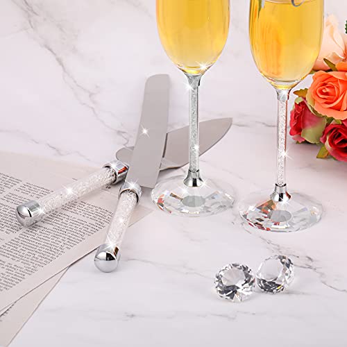 Boao 4 Piece Wedding Toasting Flutes And Cake Server Set Wedding Reception Supplies Champagne Glasses Cake Knife Pie Server (White Diamond, Simple) #TOP5