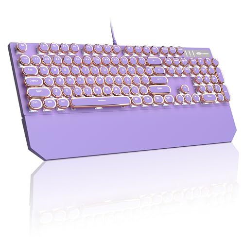 Image of MageGee Typewriter Mechanical Gaming Keyboard, Retro Punk Purple Round Keycaps, 104 Keys LED White Backlit Wired Keyboards for Laptop MAC PC Gamer, with Magnetic Wrist Rest, Blue Switch