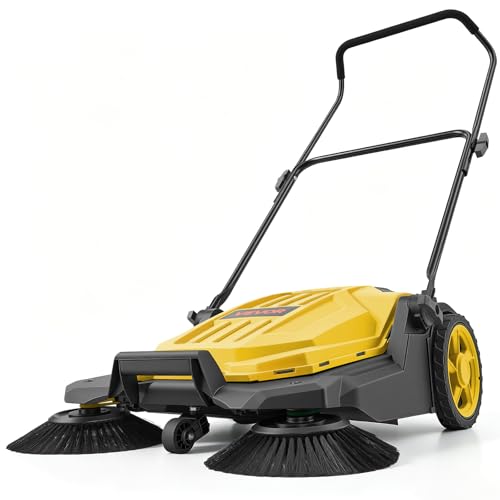 Image of VEVOR Walk-Behind Hand Push Floor Sweeper, Manual Floor Sweeper Non-Electric with 25.6 inch Sweeping Width, 5 Gallons Waste Container & Adjustable Folding Handle for Yards Walkways Patios Garages - Yellow