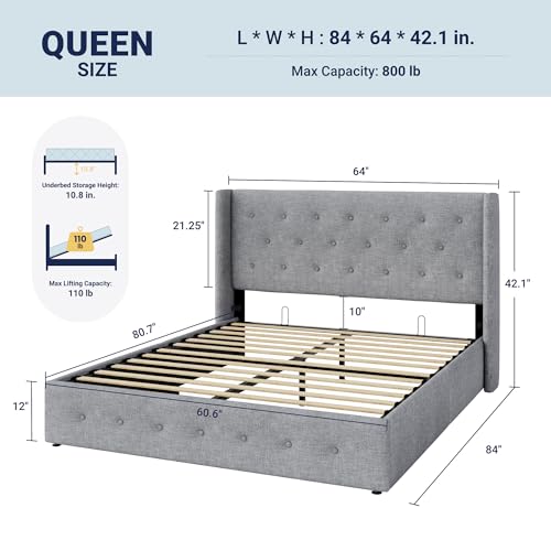 Image of Allewie Queen Size Lift Up Storage Bed, Button Tufted Headboard with Wingback, Hydraulic Support, No Box Spring Needed, Light Grey
