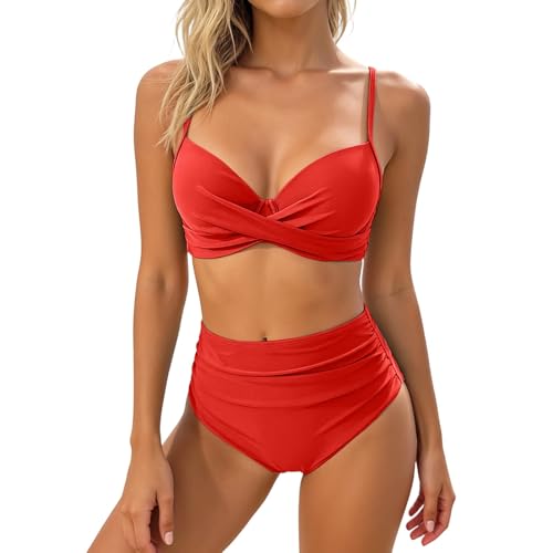 Bikini couleur unie deux pièces avec bas taille haute rétro pour la plage